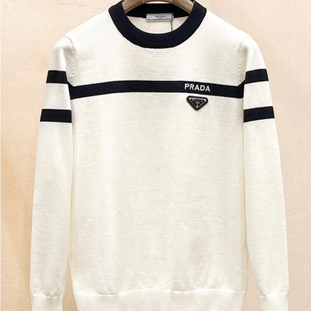 Prada Women's White and Black Crewneck Sweater